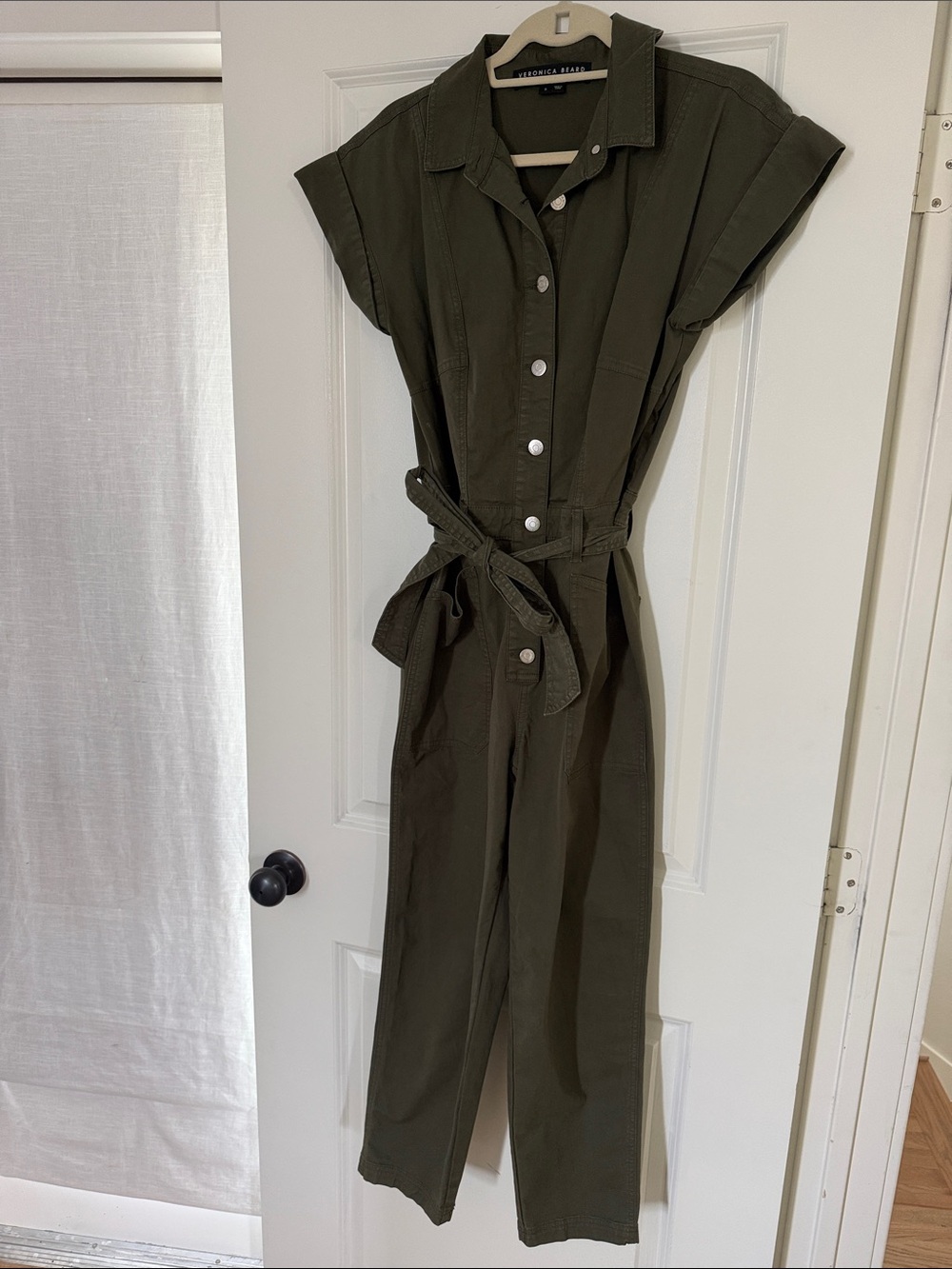 Veronica Beard Olive Green Button-Front Utility Jumpsuit
